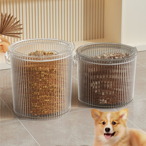 狗粮猫粮桶家用密封防虫防潮条纹手提桶透明宠物粮食储物罐收纳