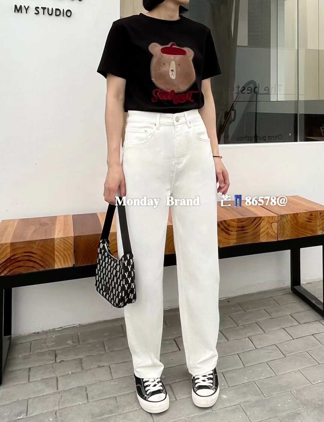 Monday芒86578白色牛仔弹力香蕉库显瘦休闲弯刀裤2024春夏新款潮