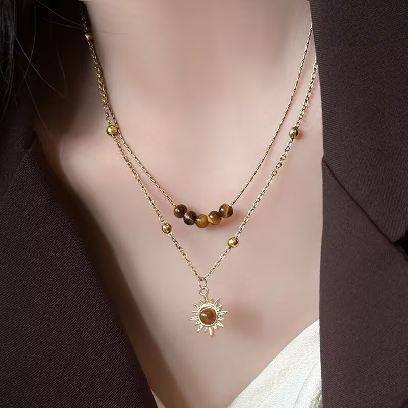 复古金色太阳花虎眼石项
