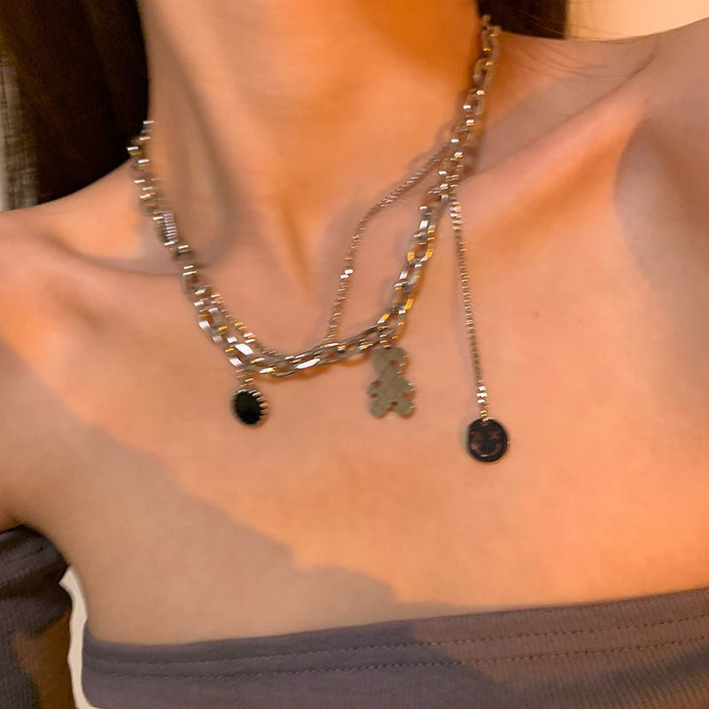 新款双层笑脸小熊项链女