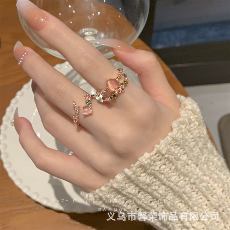 双层爱心锆石开口戒指女
