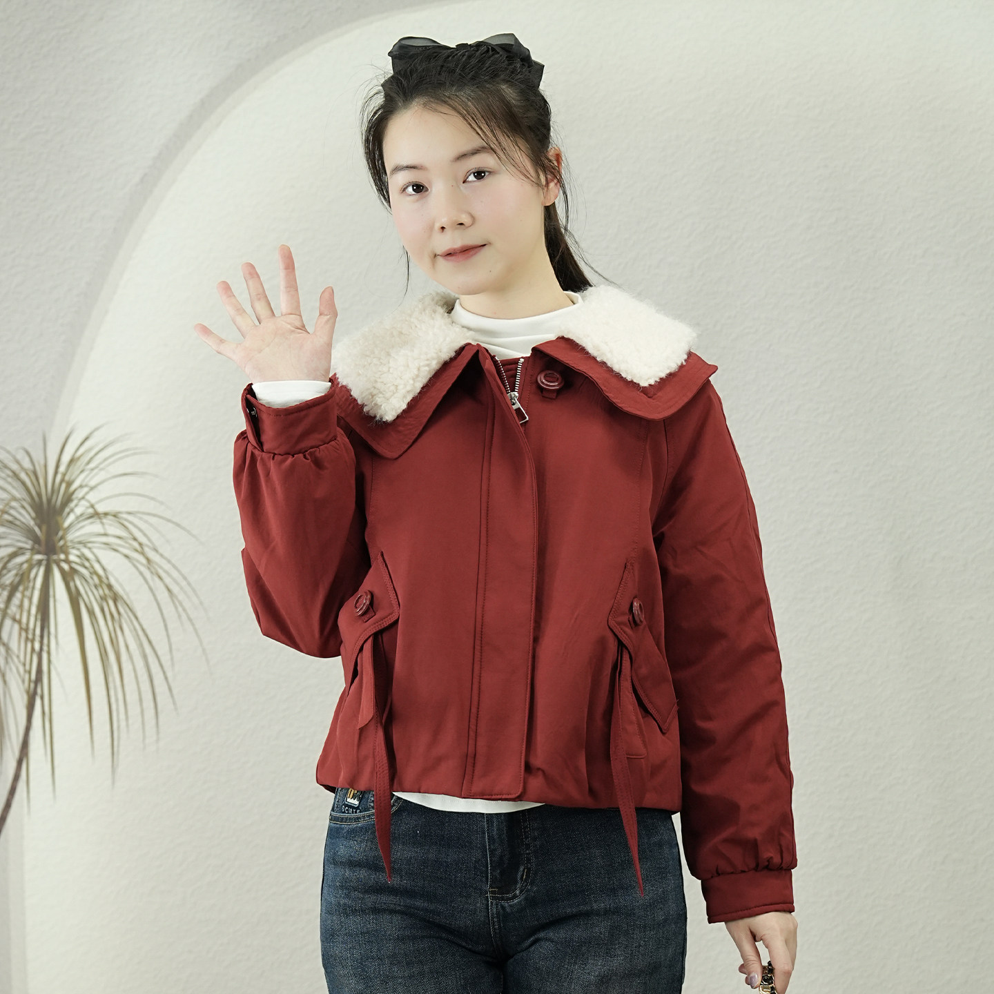 新年红羊羔毛领派克服女装短款保暖加绒翻领韩版外套冬季时尚2025,女装/女士精品,派克服,淘宝优惠券,粉丝福利购,淘宝优惠卷