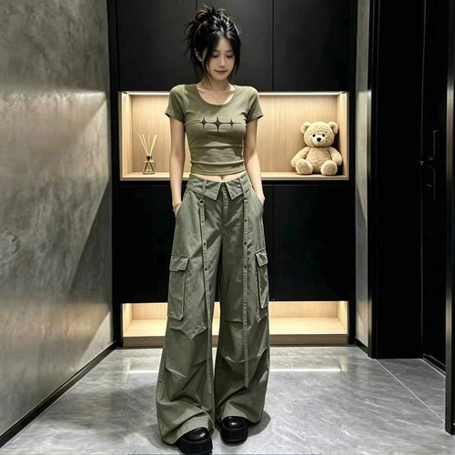 优构良品旧脏脏做旧阔腿工装裤女
