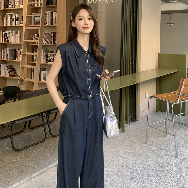 牛仔套装裤女无袖翻领短款外套阔腿裤韩系别致两件套2025夏季新款