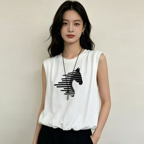 短款印花无袖T恤女宽松花苞上衣
