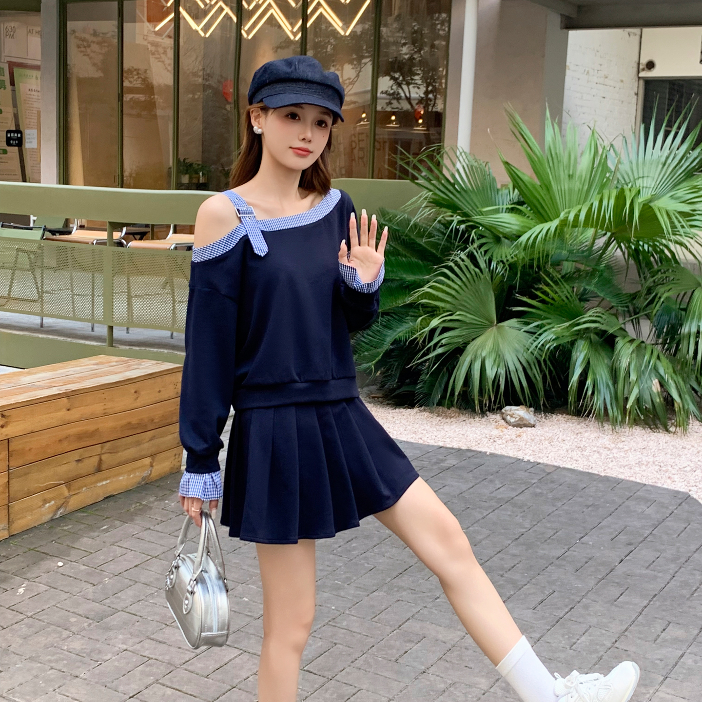 韩范气质性感女套装格子卫衣短裙