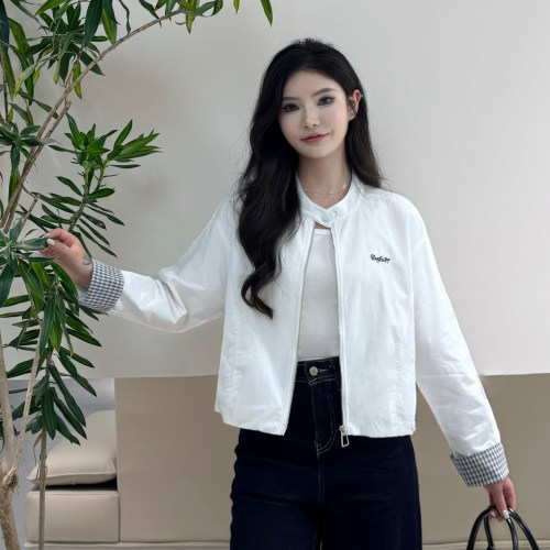 立领拉链短款女外套韩版格子撞色