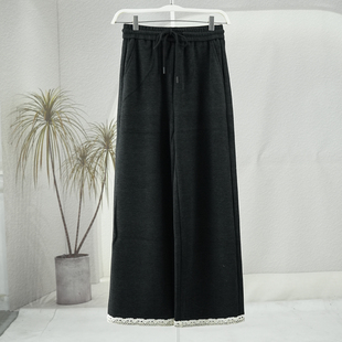 女直筒休闲裤 新款 加厚保暖韩版 2025冬季 长裤 松紧腰蕾丝花边阔腿裤