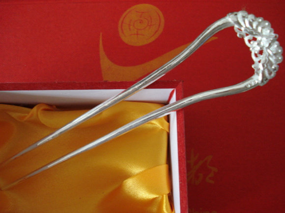 999纯银簪子头饰发钗手工纯银簪古朴U型双齿发簪古典发饰清新简约