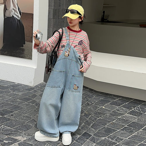 波拉bora女童裤子春秋儿童超好看韩系牛仔裤洋气时髦初中生背带裤