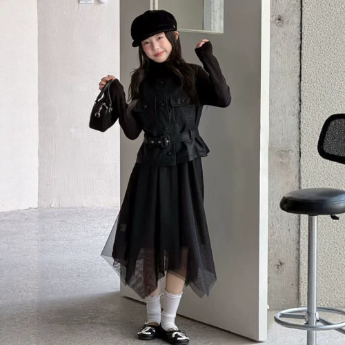 波拉bora韩系女中大童休闲连衣裙秋季儿童洋气皮马甲潮