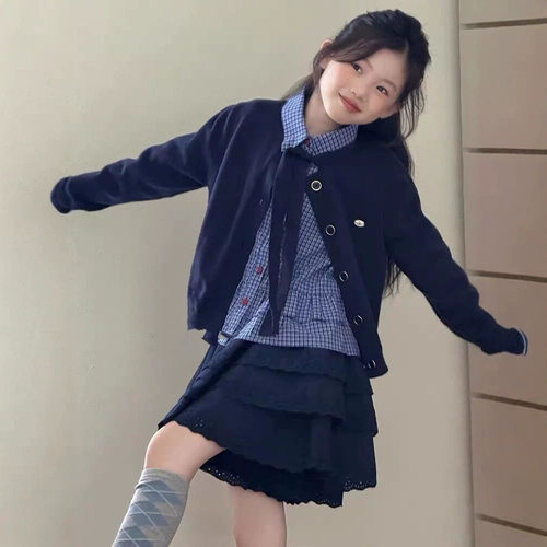 波拉bora韩版女童套装秋季洋气时髦格子衬衫中大童针织开衫短裙潮