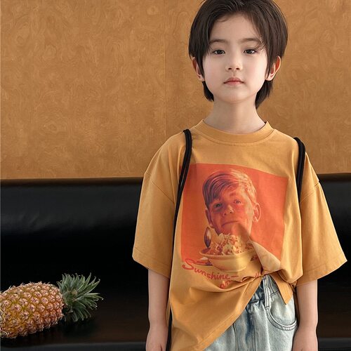 波拉bora夏款儿童短袖欧美金发男孩数码男女童洋气纯棉短袖T恤