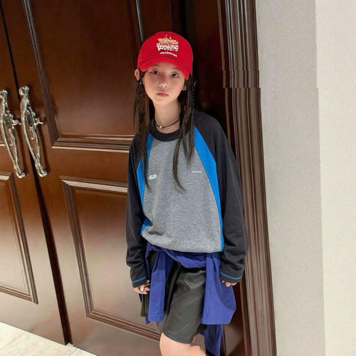 波拉bora美式复古撞色拼接长袖t恤女春秋宽松运动潮牌上衣