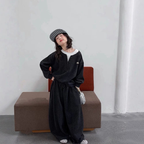 波拉bora女童条纹披肩宽松阔腿裤卫衣套装中大童假两件两件套