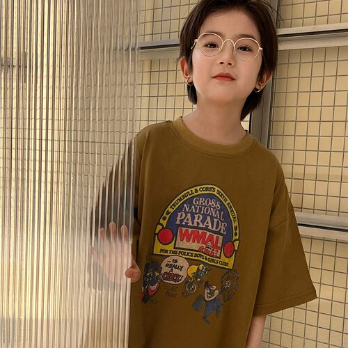 bora春夏儿童短袖 韩版潮数码印花麻棉磨破水洗男女童洋气短袖T恤