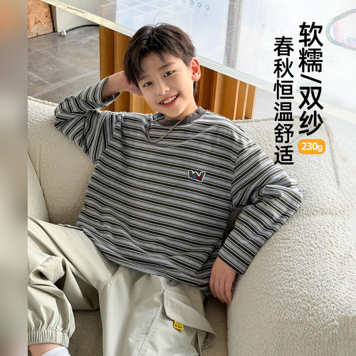 波拉bora男童浅秋双纱条纹T恤秋季中大童韩版百搭宽松潮t