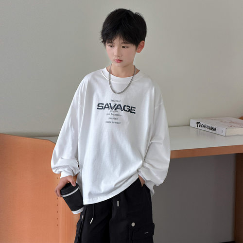 波拉bora男童长袖t恤秋季儿童假两件打底衫春秋大童装秋装内搭潮T