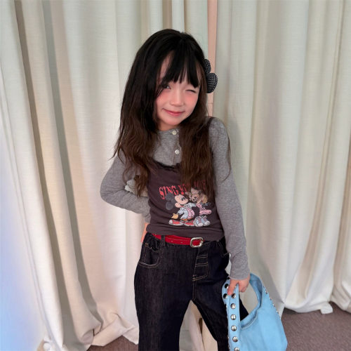 波拉bora女童秋款韩版卡通两件套上衣儿童假两件卡通印花叠穿感