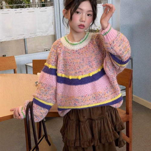 拉bora秋冬宽松条纹针织衫毛衣圆领厚款时尚彩色秋装搭配百搭上衣