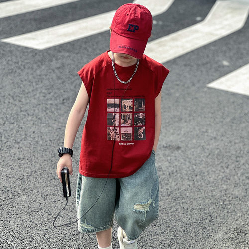 波拉bora儿童装夏季背心纯棉中大青少年男童无袖T恤夏装运动坎肩