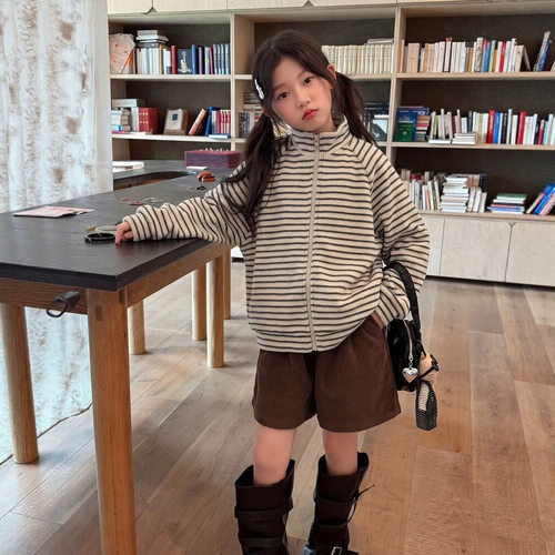 波拉bora女童秋季休闲条纹卫衣运动服套装中大童洋气儿童秋装潮