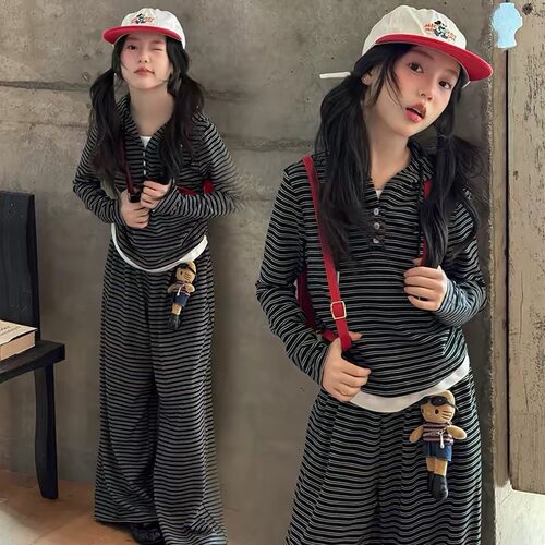 波拉bora女童秋装条纹假两件连帽卫衣套装韩系阔腿裤中大童两件套