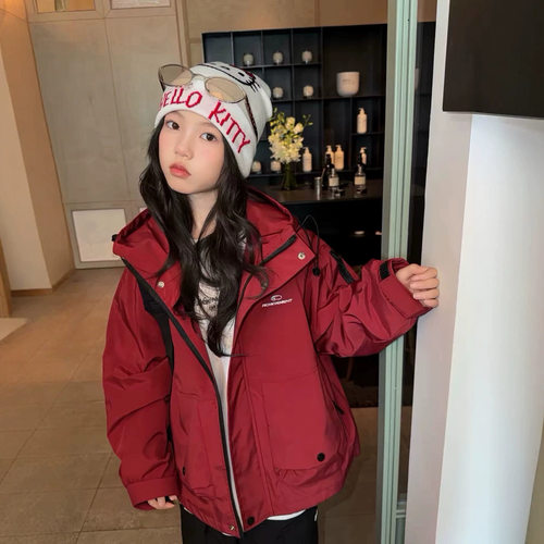 波拉bora韩系女中大童连帽冲锋衣外套秋季儿童洋气保暖外套潮