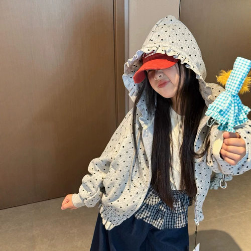 波拉bora韩系女童时髦连帽卫衣外套秋季甜美中大童短款波点外套潮