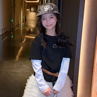 拉实体店儿童装春款 ins风女童ket烫钻假两件星星印花长袖T恤黑色