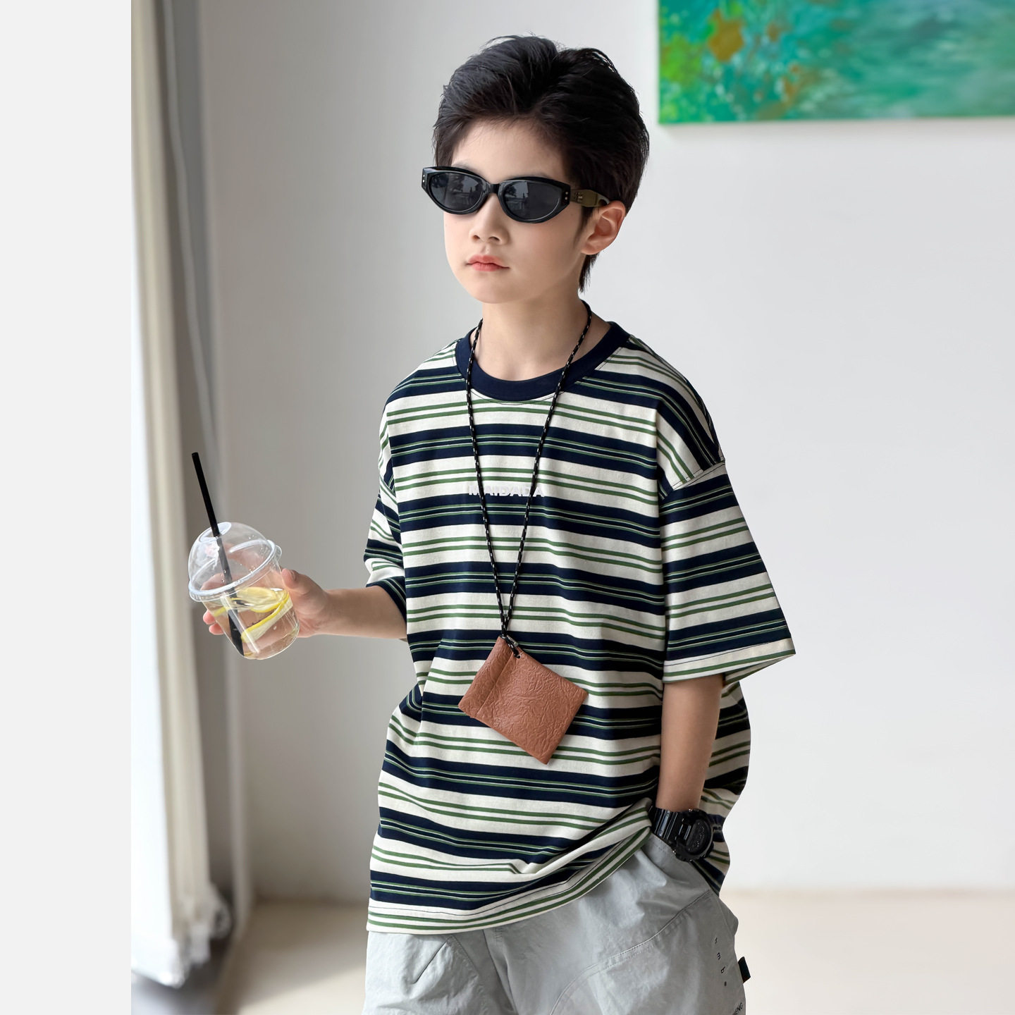 波拉bora儿童装男童薄款条纹T恤夏季款中大童青少年百搭休闲短袖图片