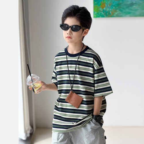 波拉bora儿童装男童薄款条纹T恤夏季款中大童青少年百搭休闲短袖