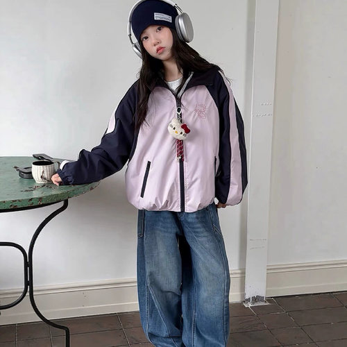 波拉bora双面穿女童外套秋装儿童洋气时髦冲锋衣夹克女孩卡绳拼