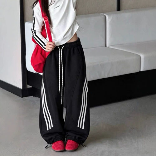 波拉bora美式拉条阔腿裤女秋季宽松直筒休闲条纹弯刀工装运动裤潮