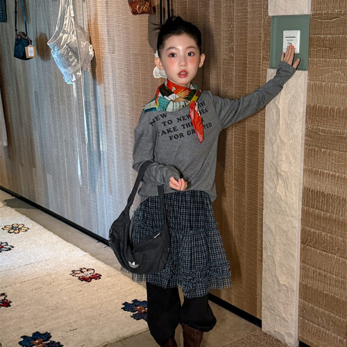 波拉bora童装女童休闲裤秋款韩系格纹网纱蛋糕裙真两件裤子潮