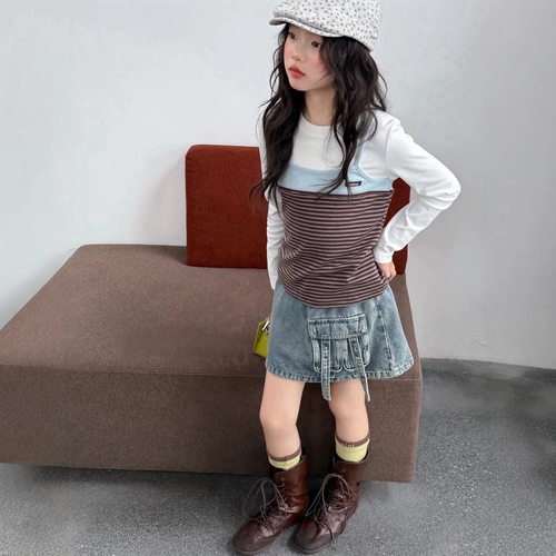 波拉bora韩版童装女中大童假两件长袖打底衫秋季儿童洋气T恤衫潮