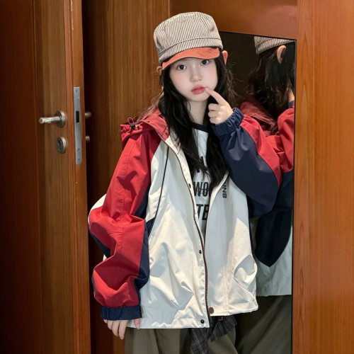 波拉bora女童秋季可爱女孩蓝三色拼接冲锋衣中大童外套潮款运动风