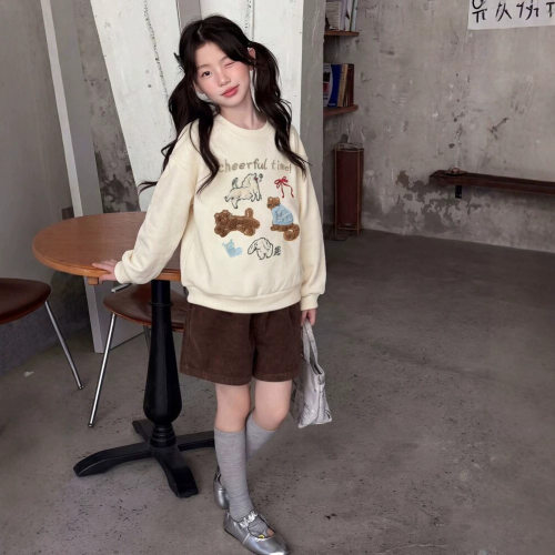 波拉bora韩系早秋刺绣圆领卫衣女秋季宽松慵懒休闲杏色长袖上衣女