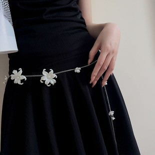 法式珍珠亚克力花朵腰链项链两用时尚配连衣裙腰带仙气腰链毛衣链