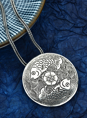 990纯银饰品吊坠圆形鲤鱼足银项坠珠宝古典项链挂件文艺男女配饰