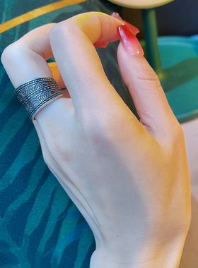 卷草纹饰品足银古法开口宽面戒指