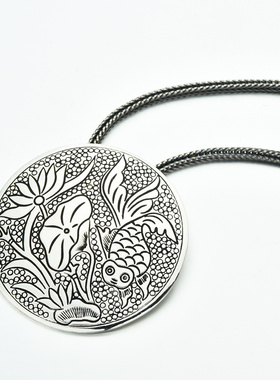 990纯银饰品吊坠圆形金鱼荷花足银项坠古典项链挂件文艺男女配饰