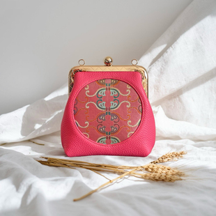 张和才古蜀锦化蝶真丝牛皮包包，名家非遗手作女包粉色包包