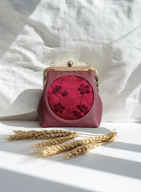 红色冰裂梅漳绒牛皮包包，方圆之道非遗手作女包红色包包