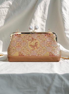 李德喜宋锦四合蝶恋花卉牛皮包包，名家经典气质手提包