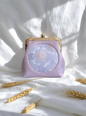 上久楷曲水凌波真丝宋锦牛皮包包，方圆之道雪青粉雀蓝色铜青金