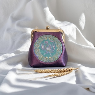 张和才蜀锦宝相立凤真丝牛皮包包，名家非遗手作女包高贵紫包包