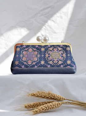 陆美瑛墨青宝相花真丝宋锦牛皮包包，名家非遗手作女包腋下包