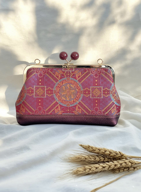 苏地穗穗平安宋锦高端珠光深红色牛皮包包，名家新中式手提包