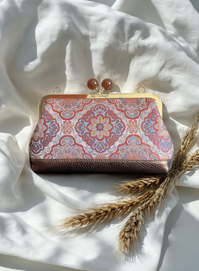 苏地西楼锦华真丝宋锦金咖珠光牛皮包包，名家非遗手作女包手提包